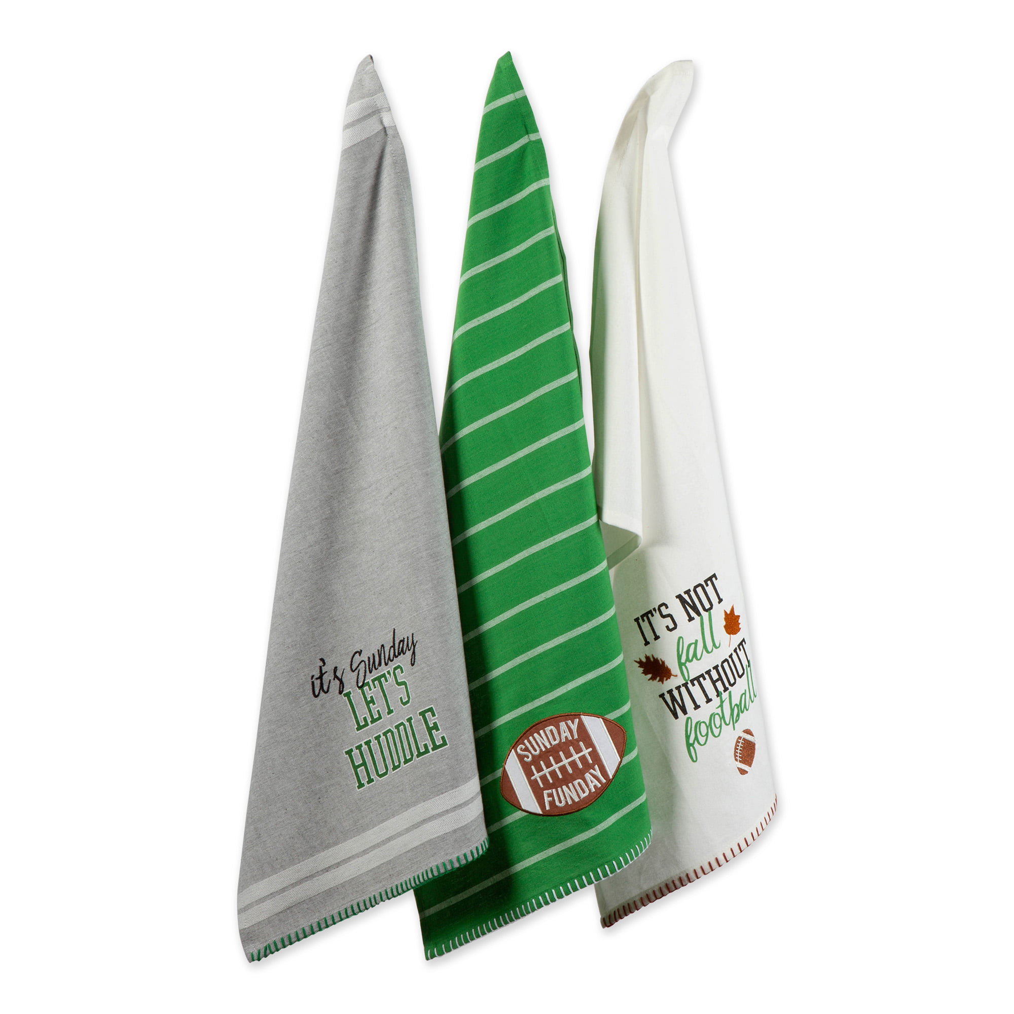 Set Embroidered Kitchen Towels Football Brown Green White 100% Cotton 28" x 16" 
