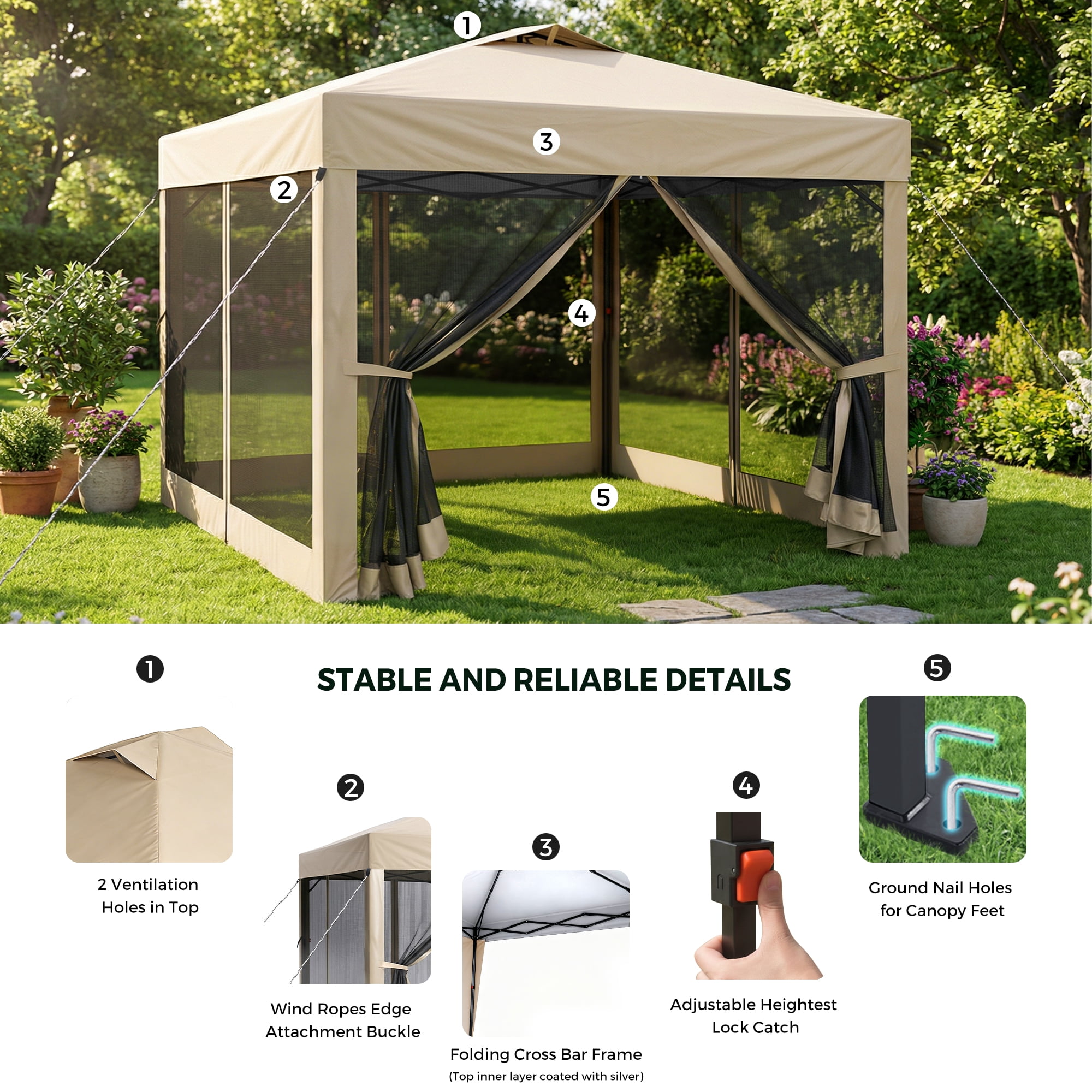 Advwin 10x10 Pop Up Canopy Tent with Netting, Instant Folding Outdoor Gazebo with Wheeled Carry Bag, 3 Adjustable Heights, 4 Sandbags & 4 Ropes, Portable Canopy Shelter for Patio, Backyard, Camping,