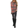 thumbnail image 3 of Women Checkered Crew Neck Long Sleeve Side Split Colorblock Top, 3 of 7