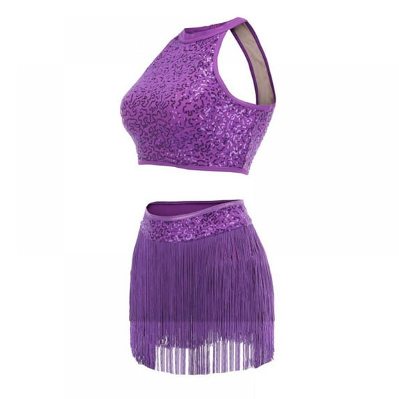 SYNPOS Girls Halter Neck Sleeveless Shiny Sequins Crop Top with Tassels Skirts 2Pcs Set Ballet Dance Dancewear