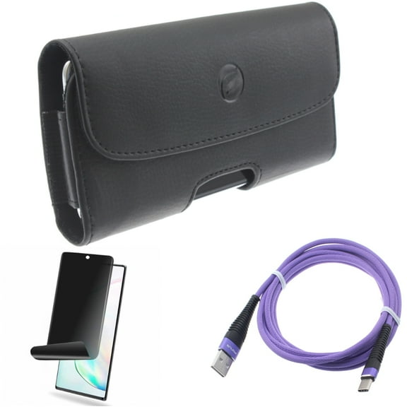 Case Belt Clip & 6ft USB Cable & Privacy Screen Protector for Samsung Galaxy Note 20 (6.7") - Combo with Leather Holster & Purple Type-C & TPU Film Anti-Peep