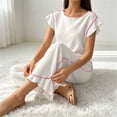 thumbnail image 6 of Tqcoqu Women's 2 Piece Pajama Set, Round Neck Ruffle Short Sleeve Contrast Piping & Drawstring Ruffle Hem Wide Leg Pants, Loungewear Sleepwear for Women, 6 of 6