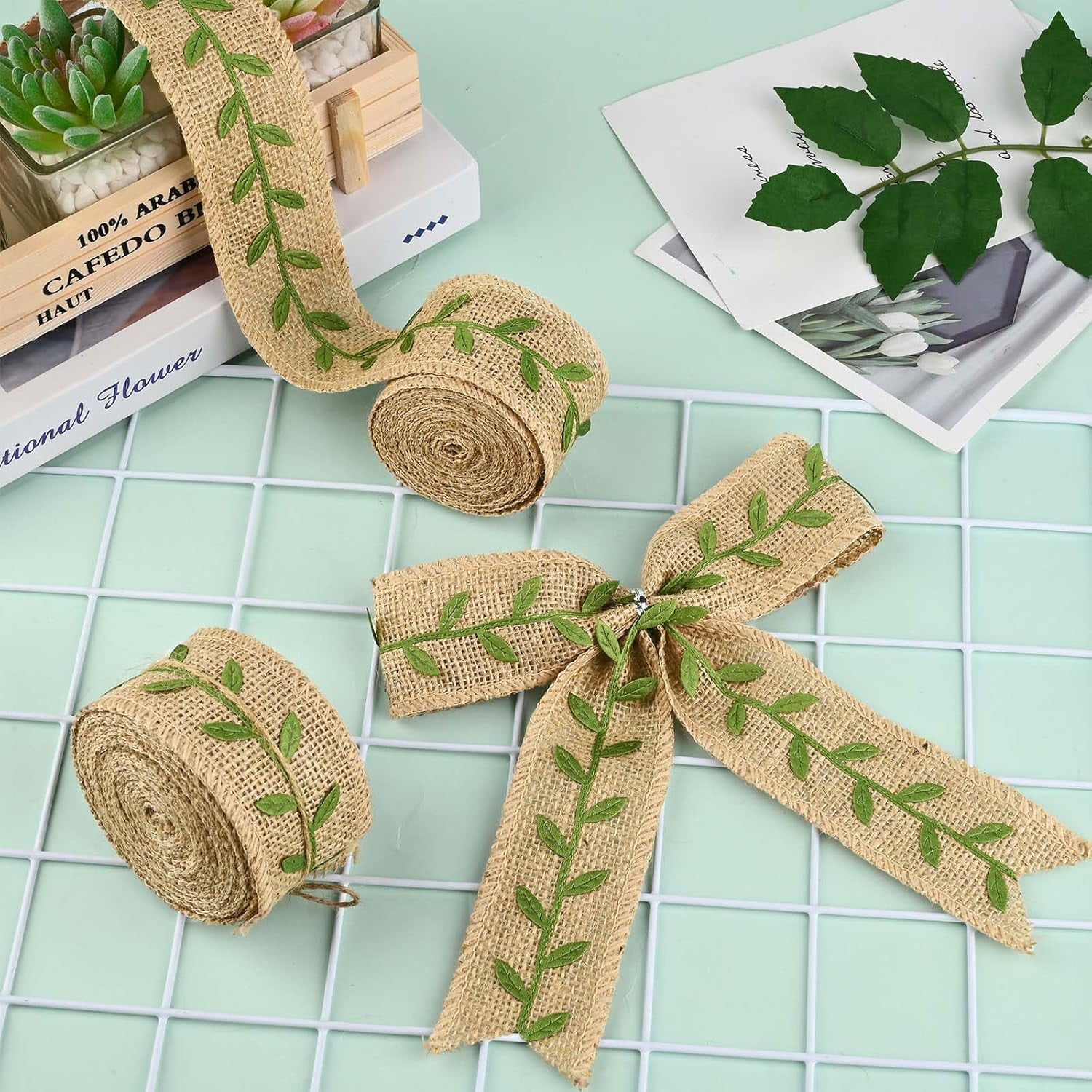 Dalrosia 4PCS Cake Burlap Ribbon Green Leaf Woodland Theme Cake Safari Ribbon for Jungle Baby Shower Party Wrapping Decorations