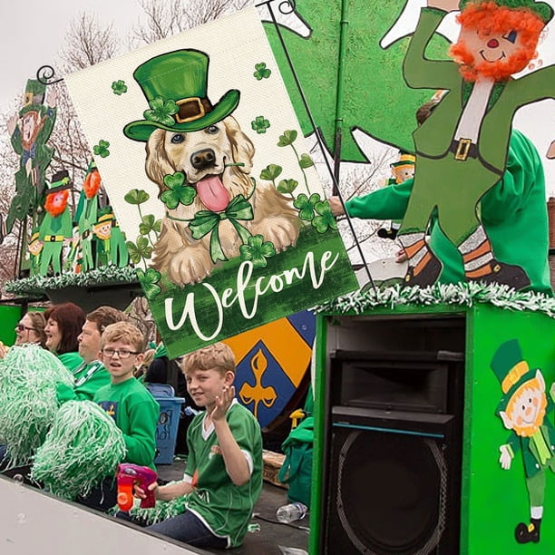 Bandera de Jardín Del Día de San Patricio de 30 X 45 Cm | Decoración Exterior de Arpillera de Doble Cara | Diseño de Tréboles Verdes | Bandera de Bienvenida Resistente a La Intemperie para Patio, Cés