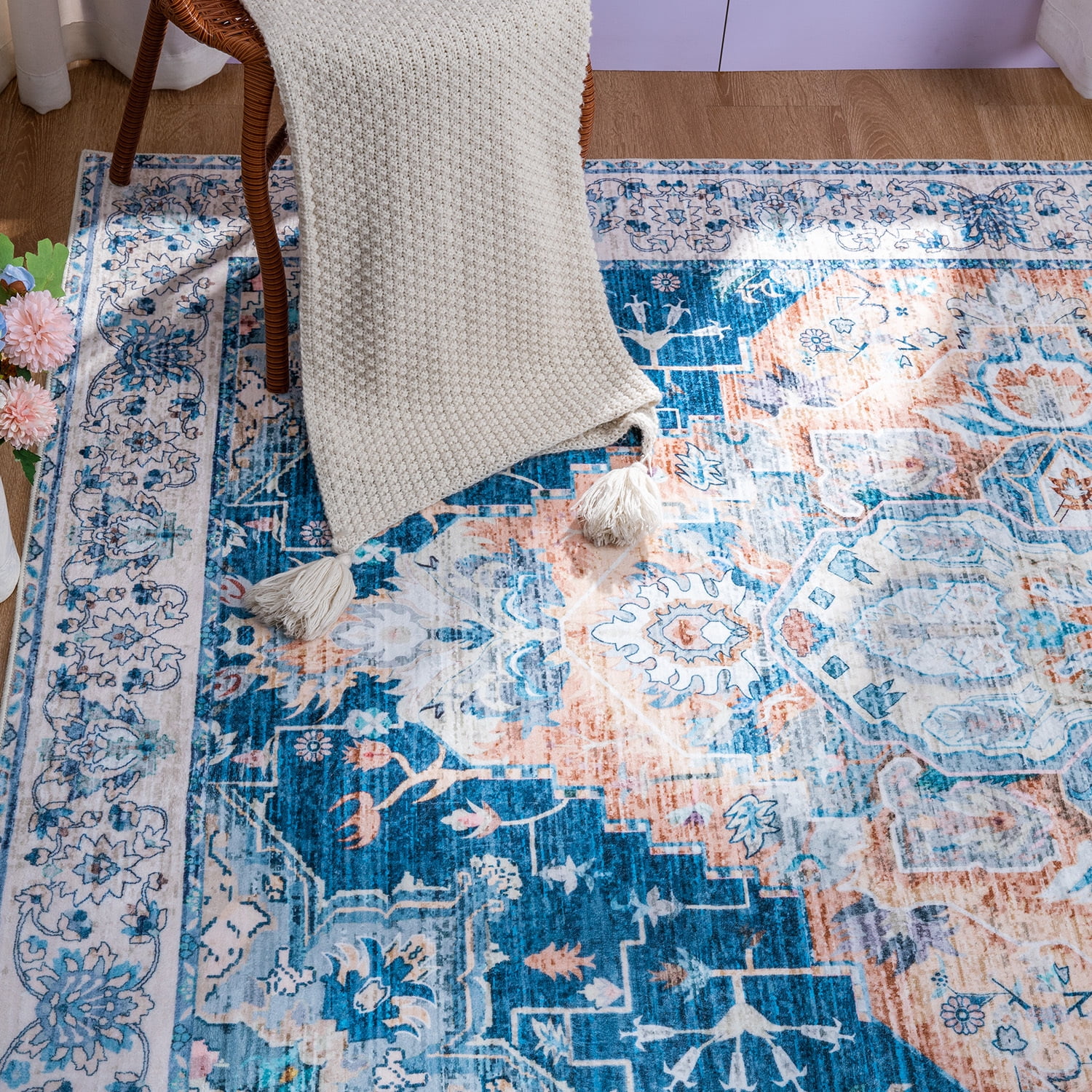 Wondo Washable Rugs Vintage Area Rug Rug for Living Room, Bedroom, Kids Room, 4' x 6', Deep Blue