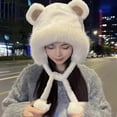 thumbnail image 4 of harmtty Women Plush Hat with Bear Ears Pompoms Strap Autumn Winter Soft Fuzzy Warm Windproof Outdoor Cycling Girls Ear Cap Khaki, 4 of 8