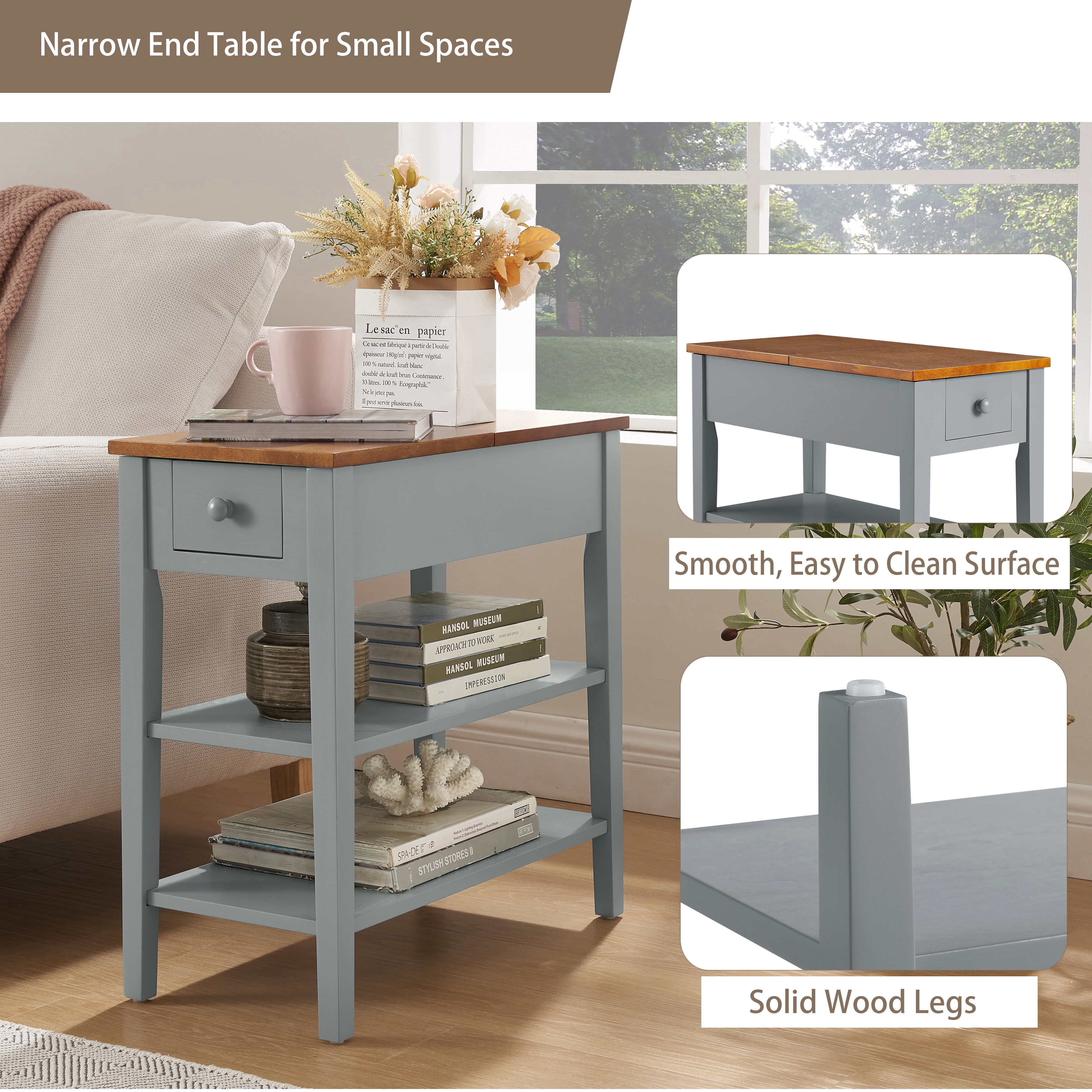 PORKISS End Table, Wooden Night Stand with USB Charging Ports and Open Shelves, Narrow Beside Table with Drawer, Flip Top and Solid Wood Legs, Modern Side Table for Living Room Bedroom, Gray/Walnut