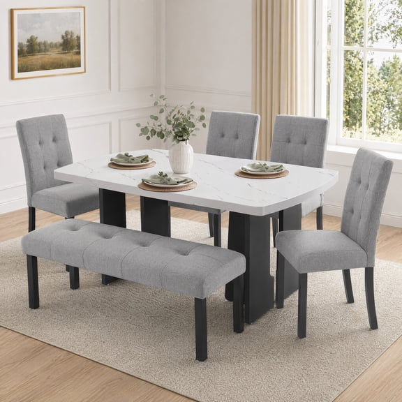 63" Modern Faux Marble Dining Table Set of 6 Oval Table with Geometric Legs 4 Tufted Upholstered Chairs & Bench White‑Gray Dining Furniture for Kitchen Dining Room