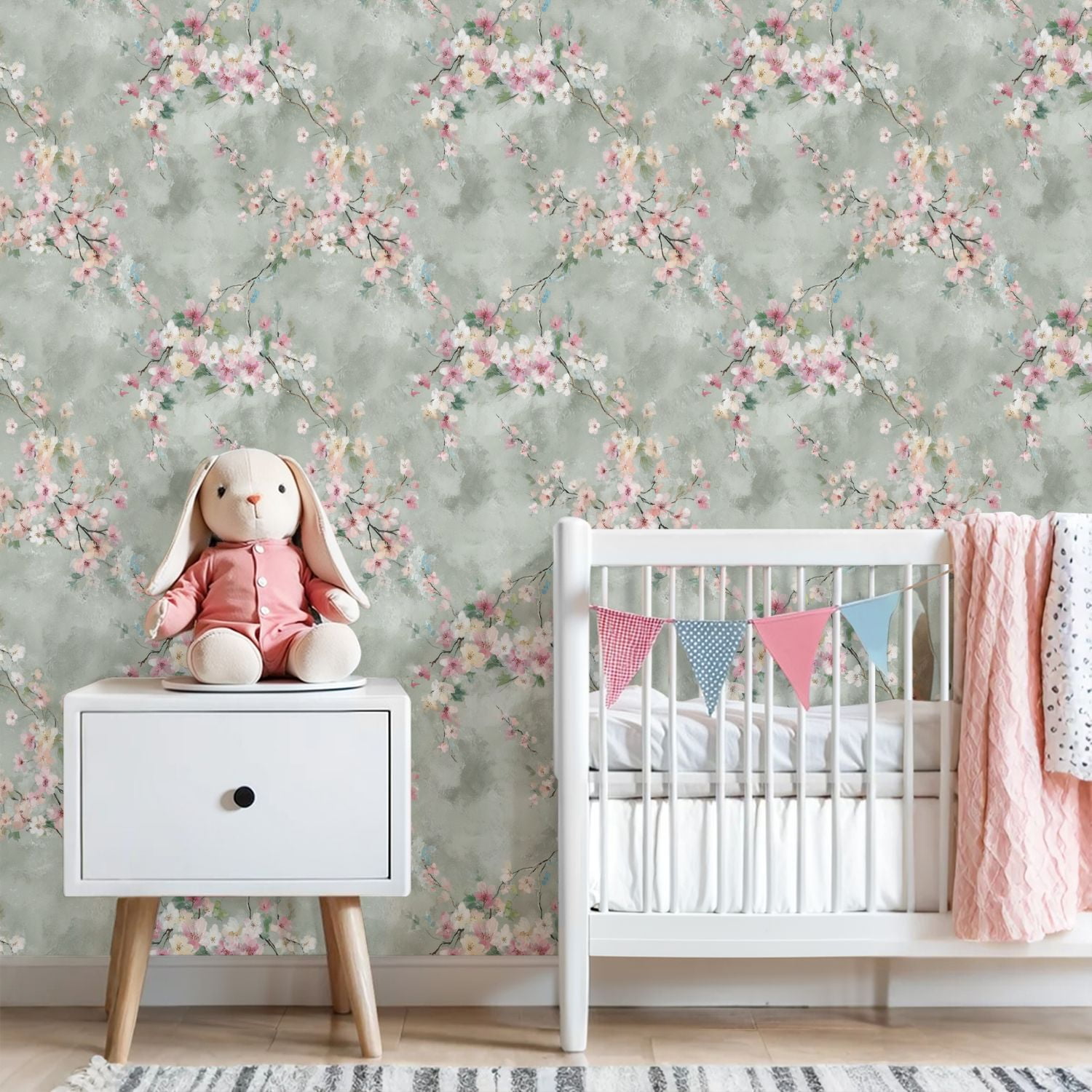 Vintage Peel and Stick Wallpaper 23.6in x 9.8ft Soft Pastel Blossom Floral Pink White Flowers Light Gray Contact Paper Vinyl Waterproof Self Adhesive Wall Paper for Bedroom Shelf Cabinet