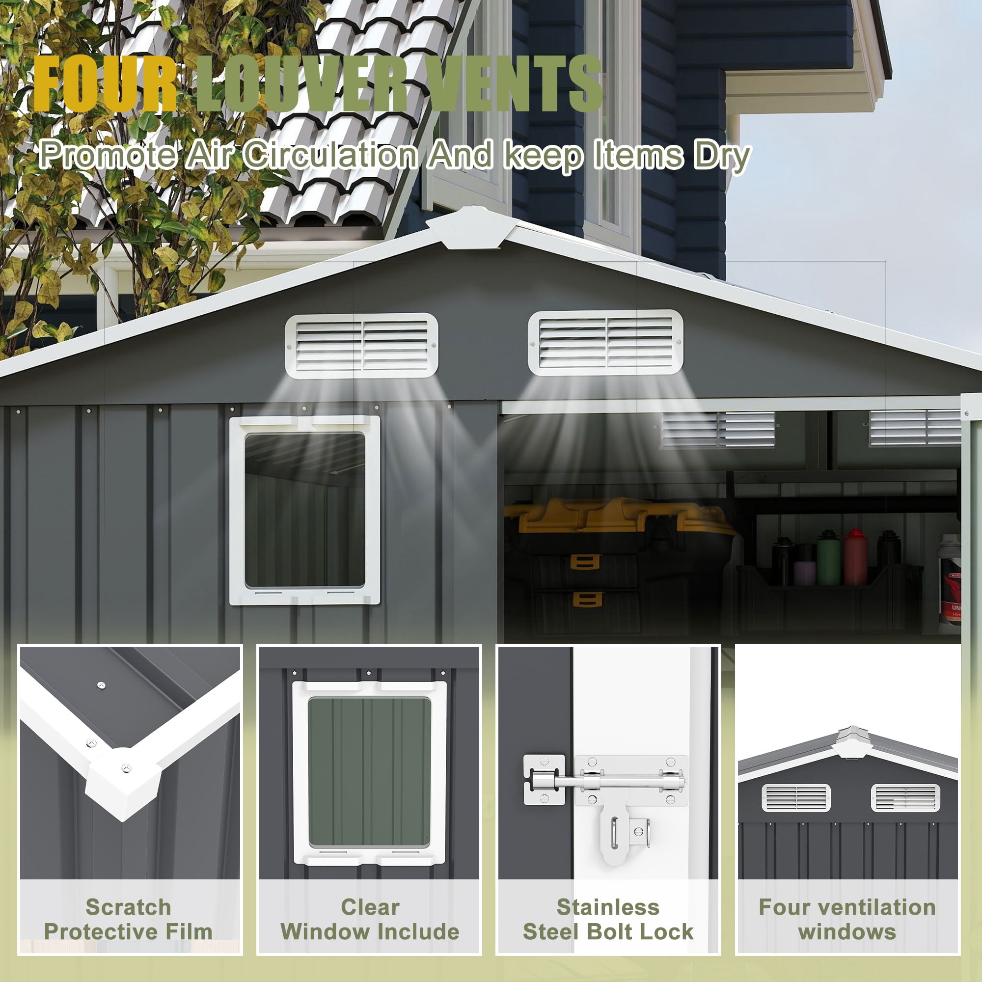MAYEERTY 6x8FT Outdoor Storage Shed with Lockable Doors & Window, Metal Tool Shed with Vents, for Backyard, Patio, Garden, Bike & BBQ Grill Storage