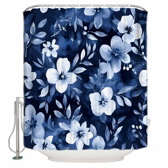 Small Stall Shower Curtain 36x72 Inch Narrow Half Size Navy Blue Spring Floral Bath Curtains Bathroom Decor Summer Botanical Abstract Art Waterproof Fabric Shower Curtain Set with Hooks 36 Inch