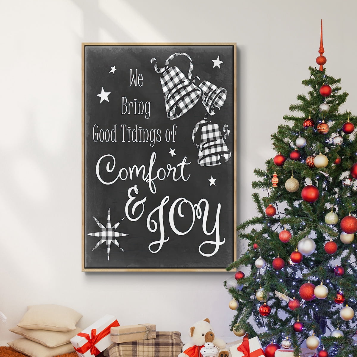 Comfort and Joy - Framed Gallery Wrapped Holiday Canvas - 27 x 41 - Natural Wood Frame