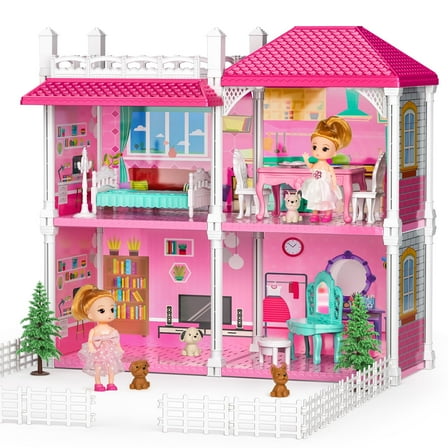 Villa Toys for 3-8 Years Old Girls - 2 Storeys 4 Rooms Indoor Playset with 2 Dolls, Furniture and Accessories, Pretend Girls Plays, Building Toys, Gifts for Kids 3-5