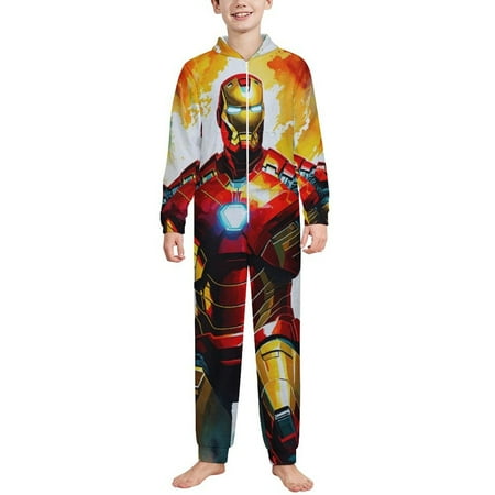 Kids Iron Man Onesie Pajamas Zip Up One Piece Sleepwear Fleece Hooded Jumpsuits