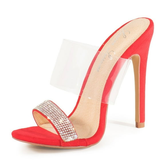 Lauren Lorraine Les Clear Cuff Rhinestone Fashion Lower Band Heeled Sandals (Red, 6)