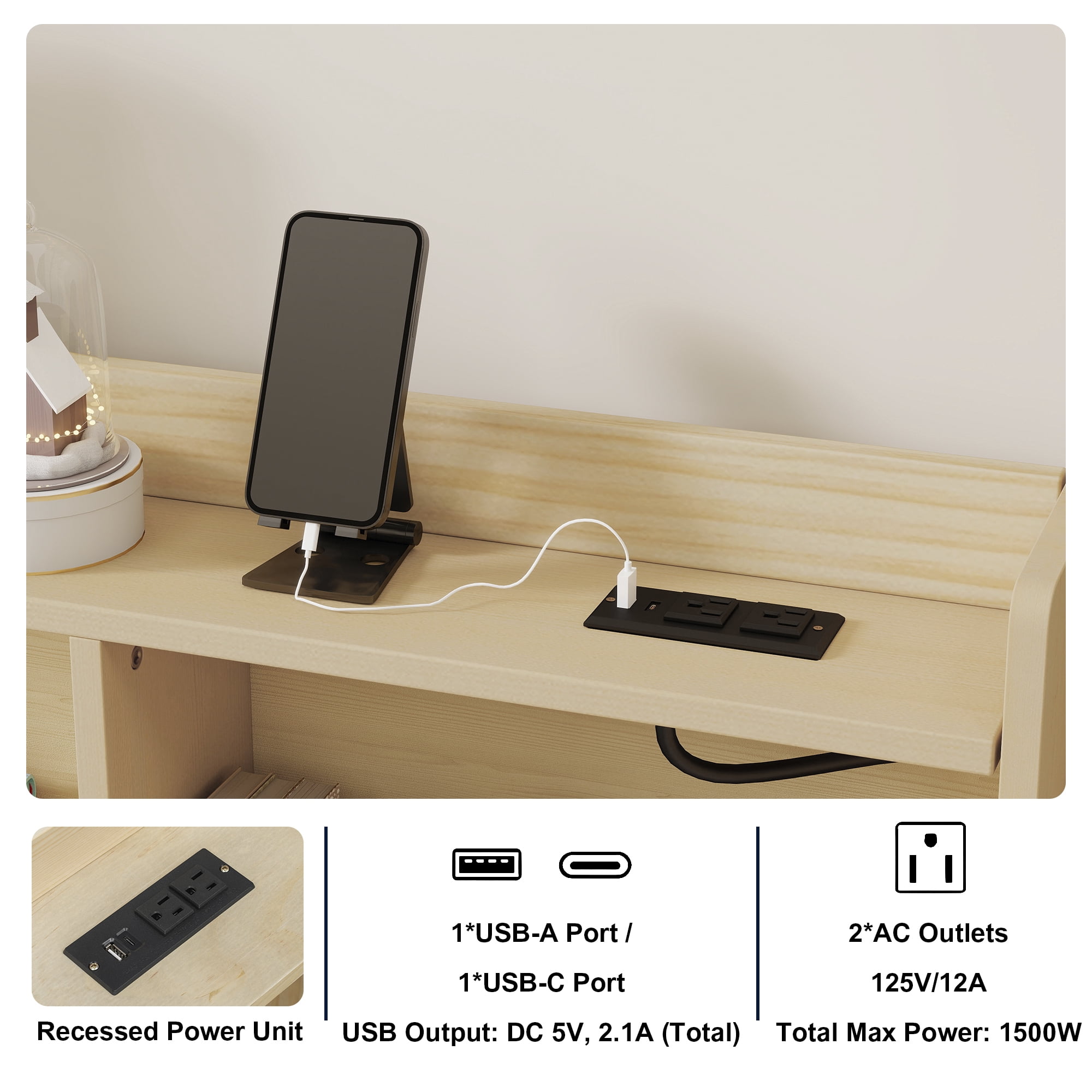 Leumius Full Size House Floor Bed with Storage Shelves,Built-in LED Lights & Charging Station,Pine Wood Floor Bed Frame with Safety Guardrails for Kids Bedroom Natural