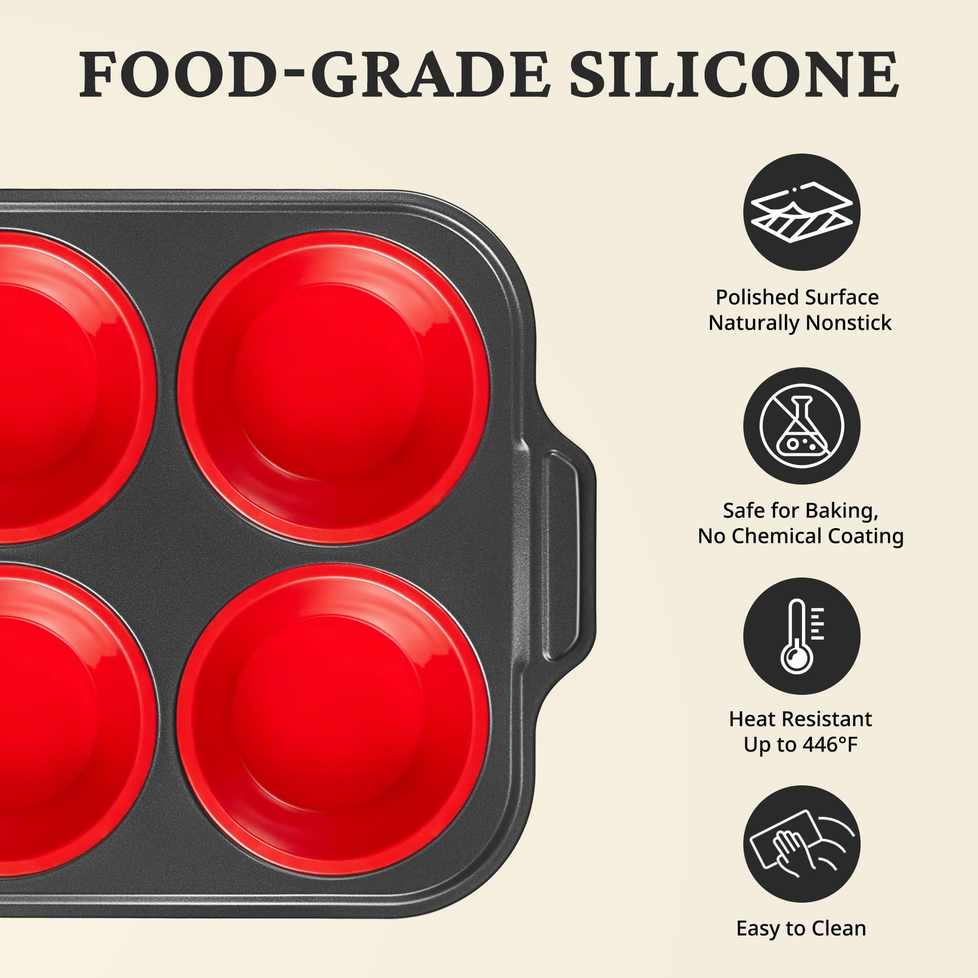 HONGBAKE Jumbo Silicone Muffin Pan with Metal Frame, 3.5" Large Muffin Tins, Non-Toxic Food Grade Silicone, Non-Stick for Egg Bites & Big Cupcakes, Oven Safe, Red
