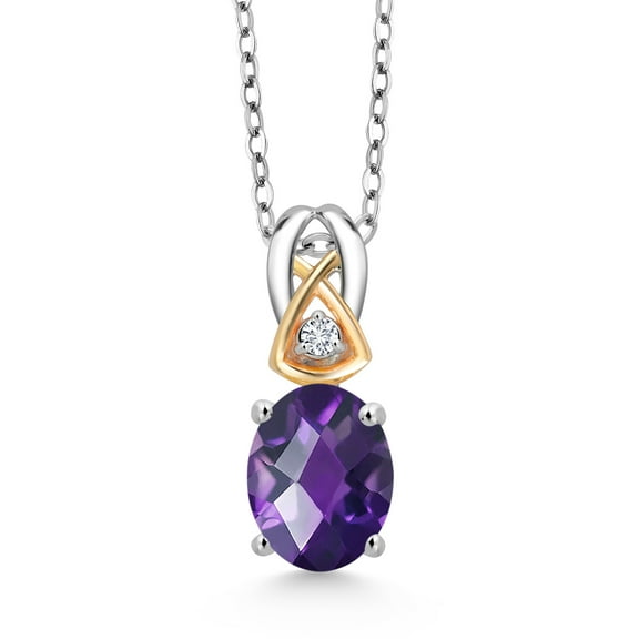 Gem Stone King 1.22 Ct Oval Checkerboard Purple Amethyst E-F Lab Grown Diamond 925 Silver and 10K Yellow Gold Pendant with Chain