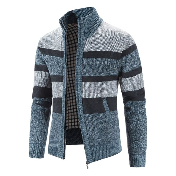 YODETEY Mens Zip Up Knitted Cardigan Thick Sweater Stand Collar Fleece Lined Warm Blue 6(M)