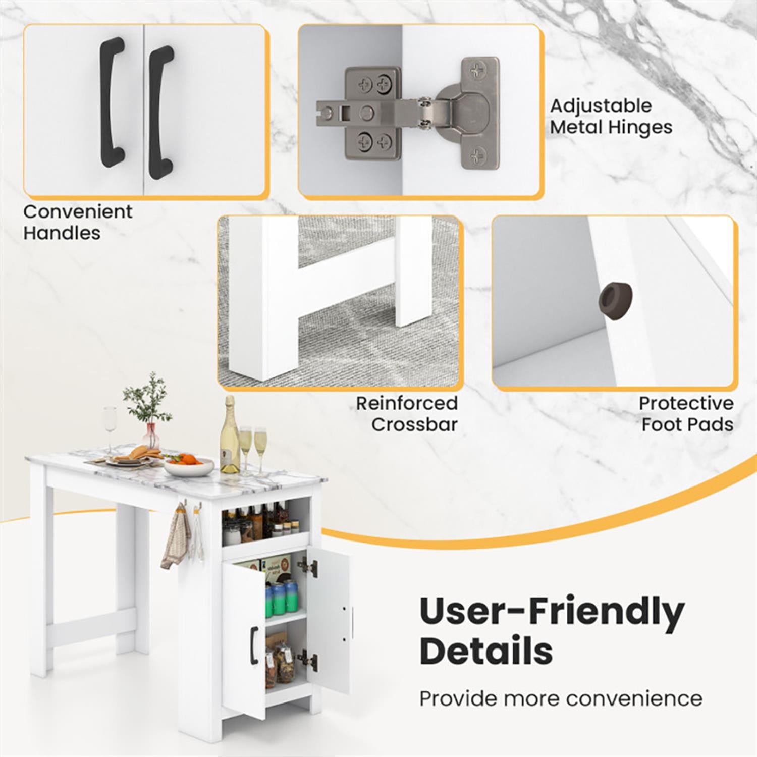 Demi Bonn 47" Faux Marble Pub Table, Modern High Top Bar Table with 7 Hanging Hooks Compartment, Perfect for Small Space, White