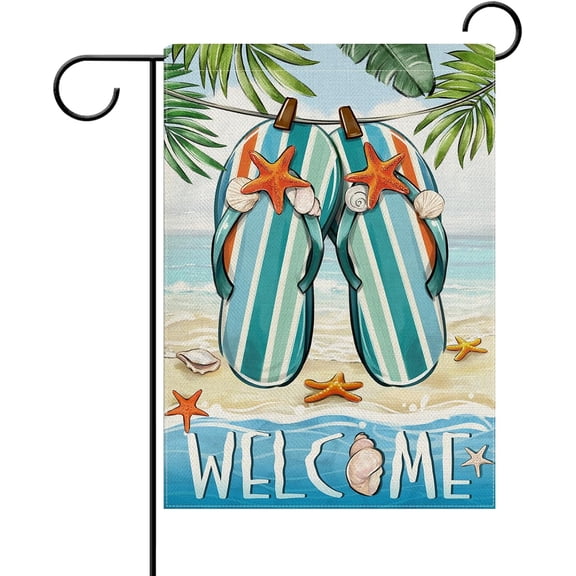 Dyrenson Welcome Summer Flip Flops Decorative Garden Flag, Beach Coastal Tropical Palm Leaves Yard Outside Home Decoration, Hawaii Nautical Conch Starfish Outdoor Small Decor Double Sided 12 x 18