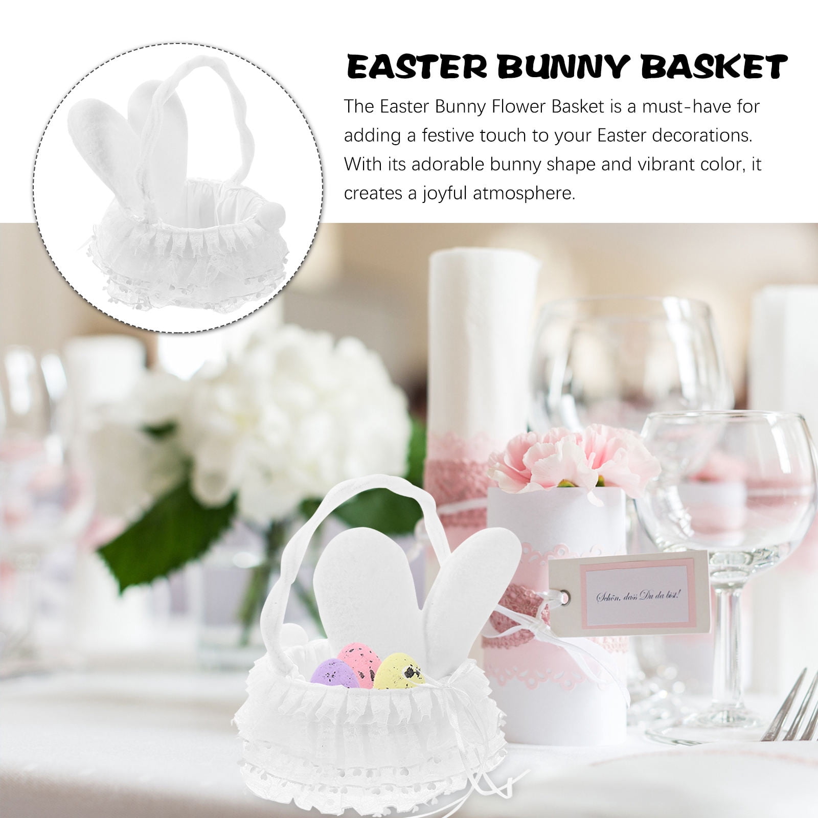 YOSADIER White Easter Basket with Handle, Bunny and Floral Pattern, Lightweight Decorative Basket for Indoor and Outdoor Use