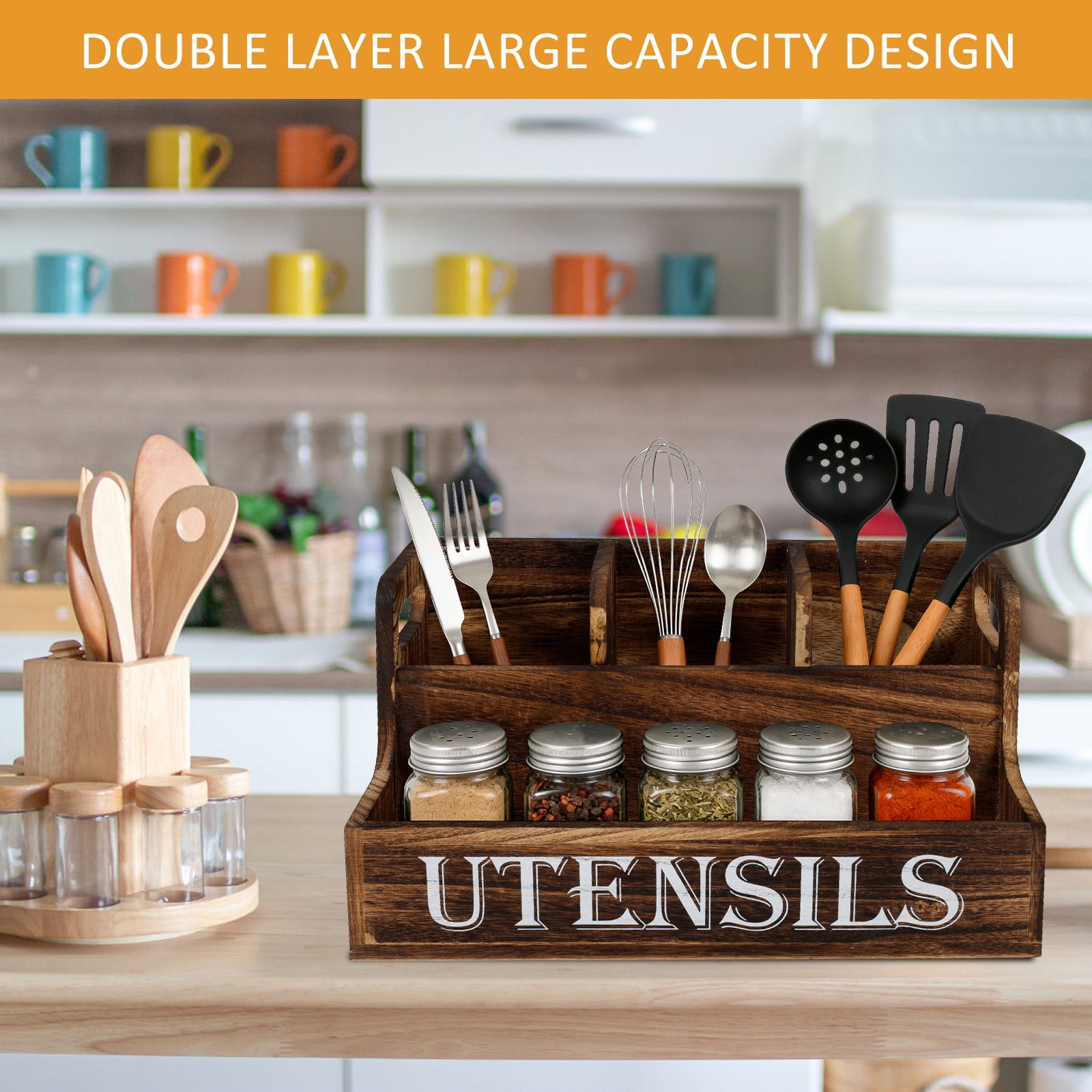 FUYGRCJ Innovation 2 Layers Kitchen Utensil Holder, Extra Large Wooden Utensil Organizer with 4 Compartments, Rustic Cooking Utensil Spatula Caddy for Silverware, Spoons, Cooking Tools Spice Storage