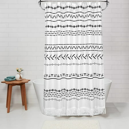 Tassel Shower Curtain Stripe Fabric, Black And Cream Boho Shower Curtain