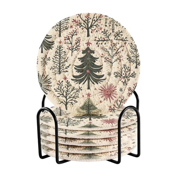 WOBOGO Christmas Folk Art Pattern Coil Coasters Set of 6 Minimalist Cotton Woven 3.94 inch Non-Slip Insulated and Absorbent Home Accessories.