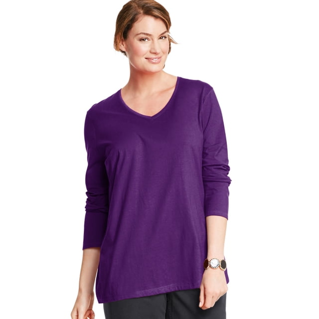 Just My Size T-Shirt à Manches Longues Col en V pour Femmes, 2X, Violet Splendor
