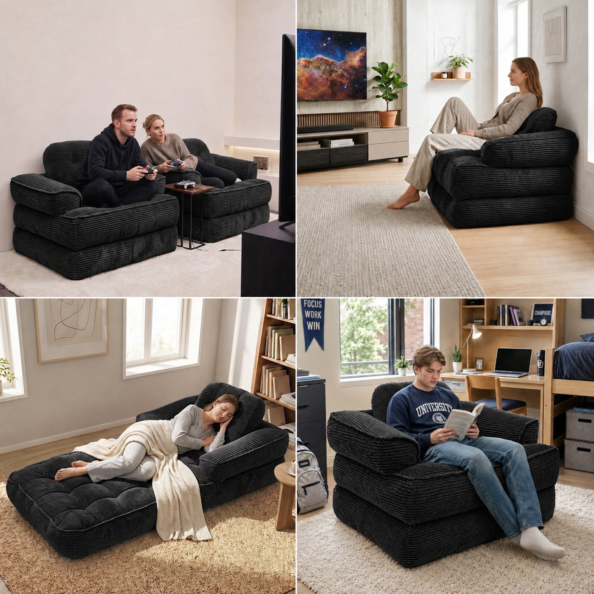 Leumius 70" Folding Sofa Bed,Convertible Single Sofa Bed with Armrest,2-in-1 Corduroy Boneless Foldable Bed with Pillows for Bedroom, Living Room, Homestay, Game Room,Black