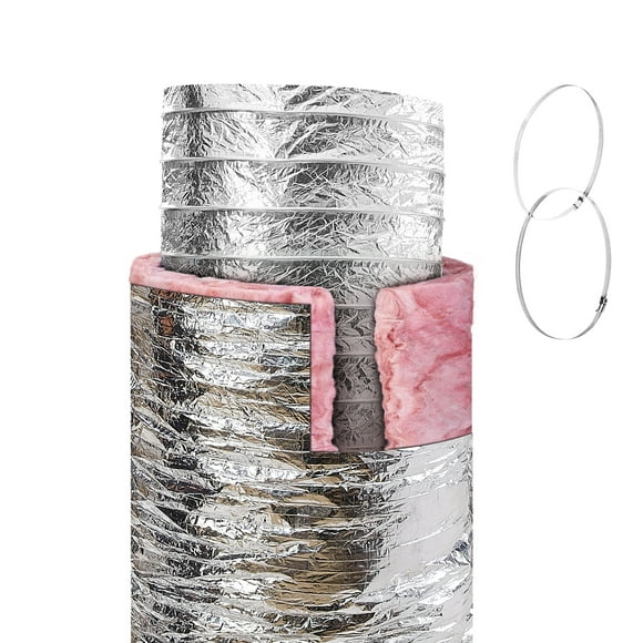 KFFKFF Ventilation Hose, 8'' Insulated Flex Duct 25FT Length with 2 Hose Clamps, Robust Triple Layer Guard for HVAC Heat Cool Ventilation and Exhaust, R-6.0 Fire Resistance Rating