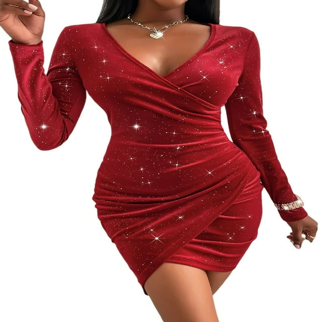 Femmes V-Cou Paillettes Wrap Robe Manches Longues Élégant Bodycon Parti Robe de Cocktail