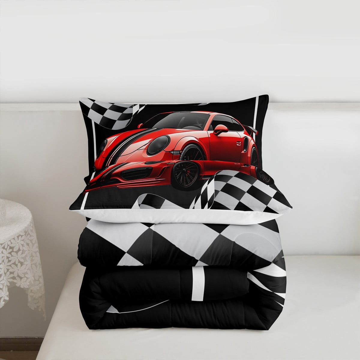 Red Race Car Comforter Set Twin Size,Black White Lattice Bedding Set Teens Room Decor,Extreme Sport Games Quilt Set,Cool Modern Duvet Insert
