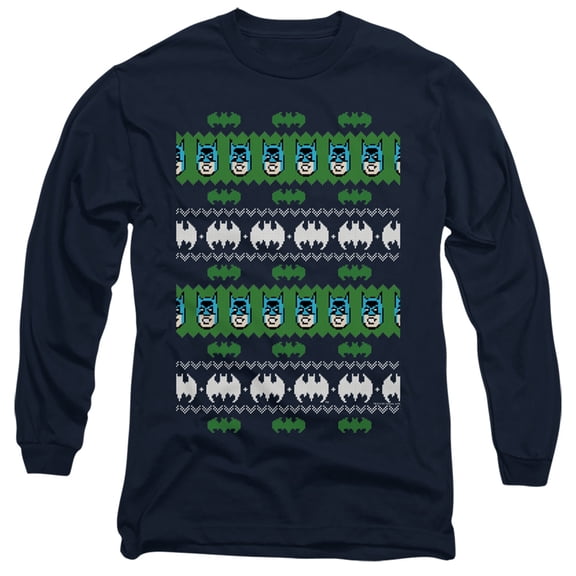 Batman Batman Christmas Sweater Long Sleeve Adult 18/1 T-Shirt-Navy