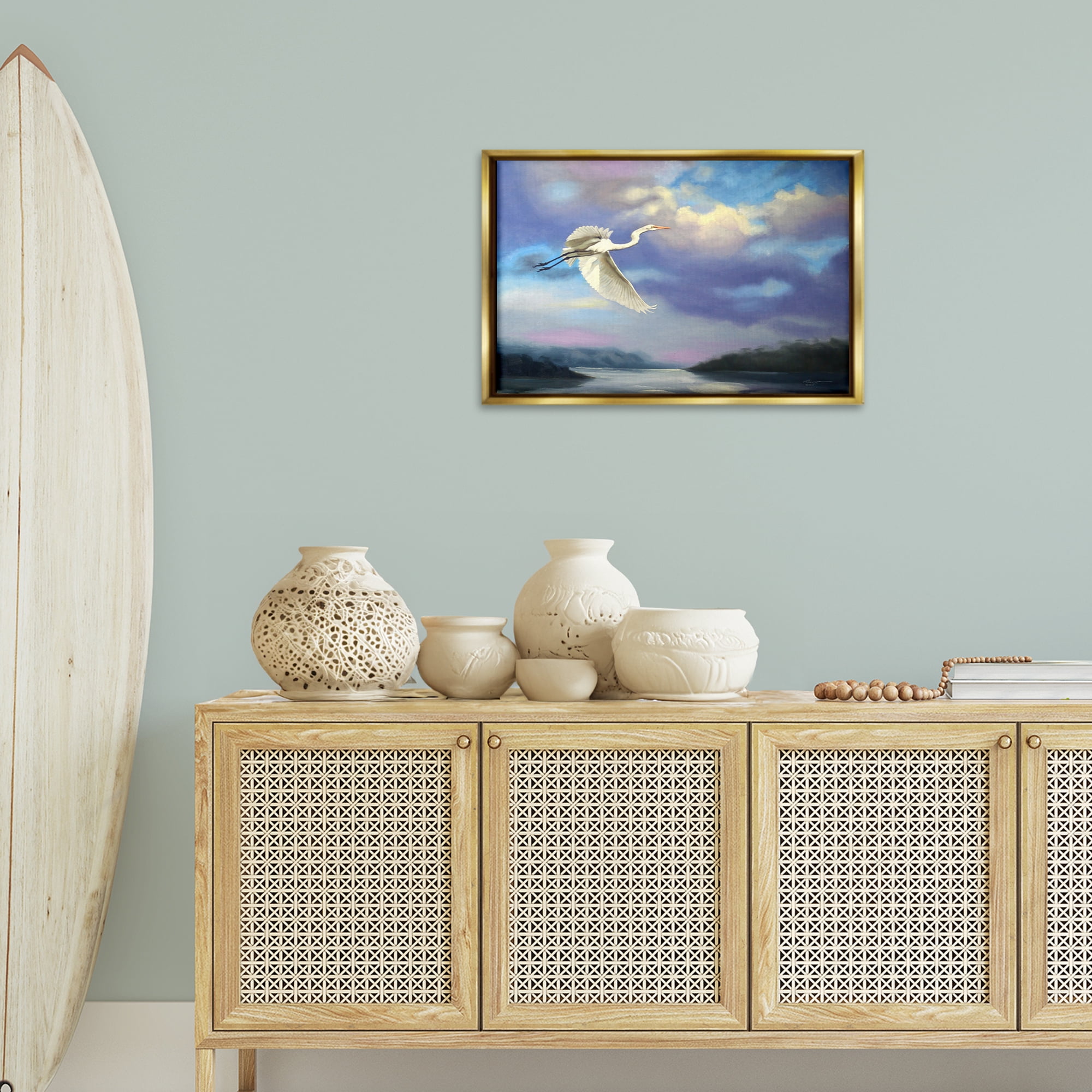 Stupell Industries Egret Over Clouds Landscape Painting Gold Floater Framed Canvas Art Print Wall Art, 25 x 17
