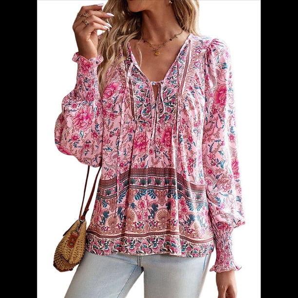 Blusa Informal con Cuello en V para Mujer, Holgada, con Estampado Floral, de Larga, para Playa. Rosa S