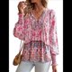 thumbnail image 1 of Blusa Informal con Cuello en V para Mujer, Holgada, con Estampado Floral, de Larga, para Playa. Rosa S, 1 of 10