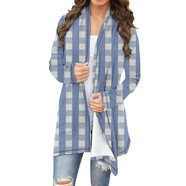 Women's Cardigan, Long Sleeve Plaid Print Casual Open Front Lightweight Jacket For Spring And Winter