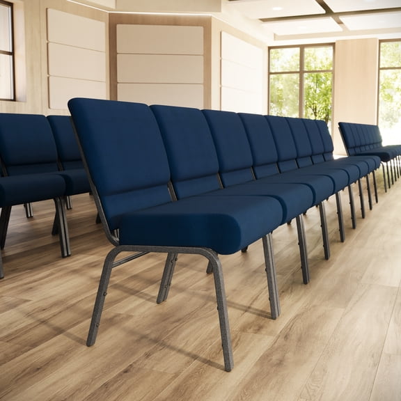 Flash Furniture 21''W Stacking Church Chair in Navy Blue Fabric - Silver Vein Frame