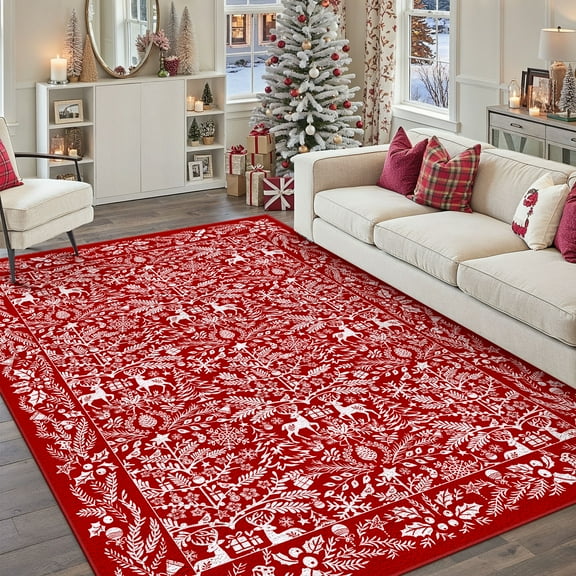 BERTHMEER Christmas Area Rug 6'x9' Red Washable Rugs for Living Room Carpet Xmas Reindeer Party Christmas Tree Holiday Decor Indoor Bedroom Decorative Non Slip Soft Low Pile Carpet Dining Room Office