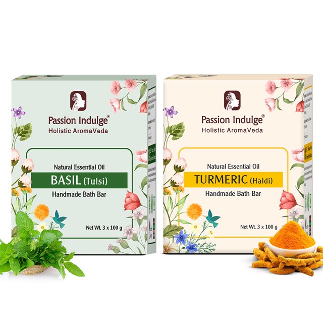 Ayurvedic Handmade Soaps Natural Bath Bar - Turmeric and Basil Combo Pack | Essential Oil | Vegan | All Skin Types | (Pack OF 6)