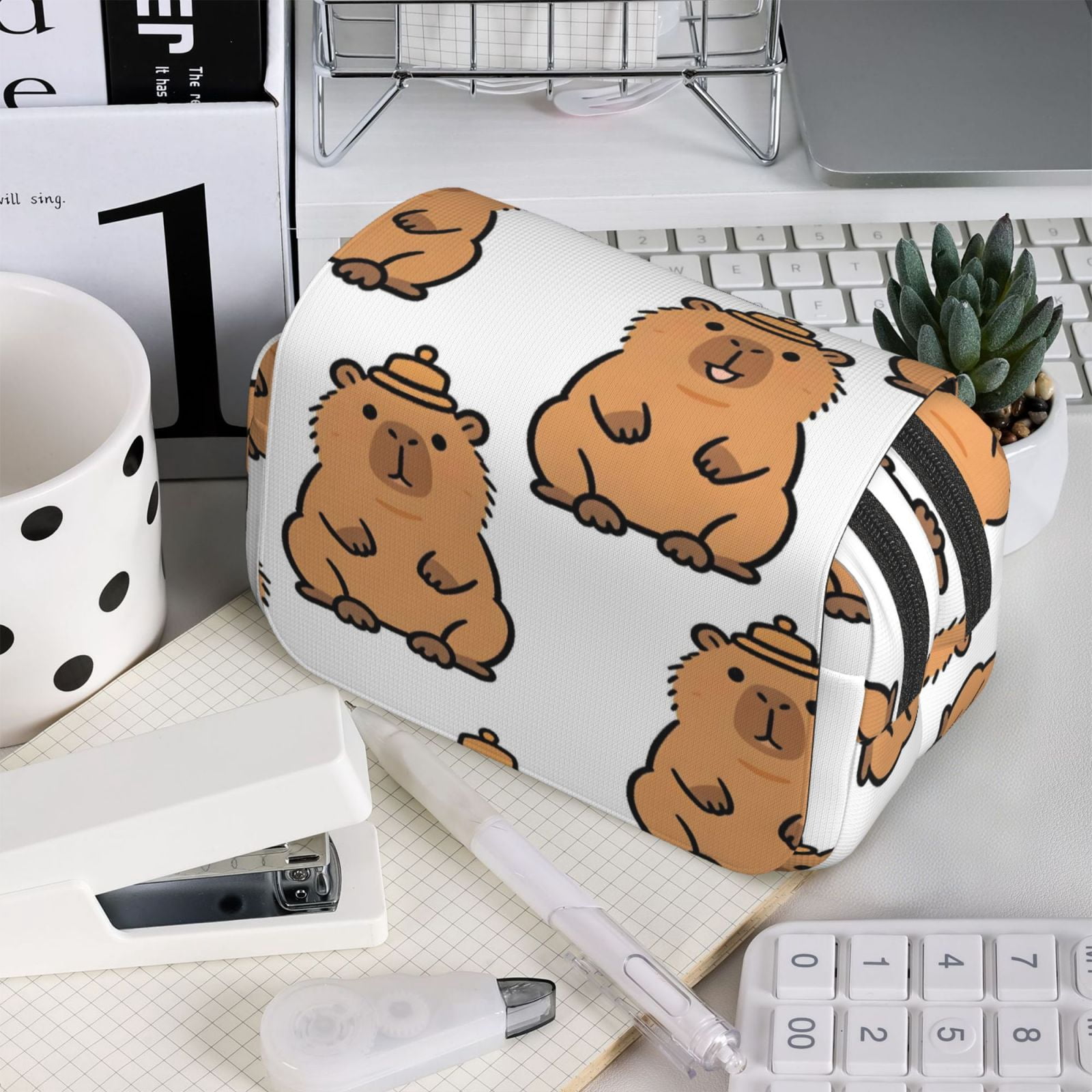 Large-Capacity Flip-Top Double-Layer Pencil Case, Multi-Functional Pocket Pen Case, Durable Stationery Organizer Cartoon Capybara