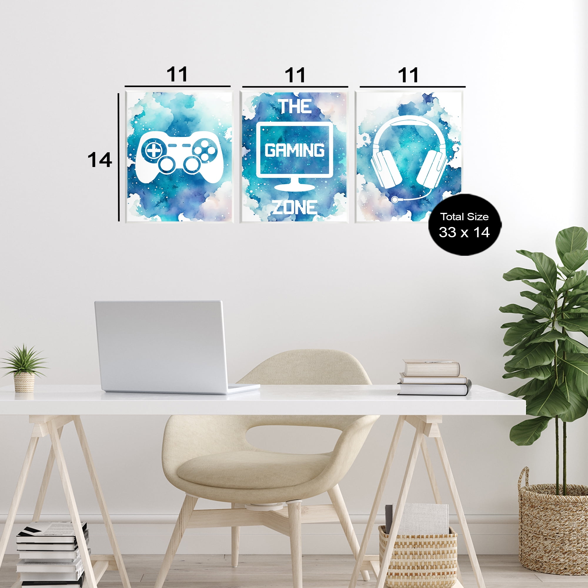 Blue Gamer Splatters 3 Piece Wall Plaque Art Set, design by Marcus Prime