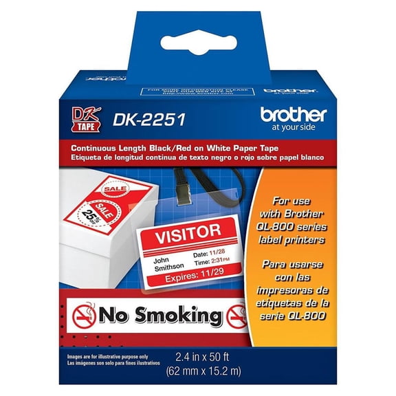 Brother DK2251 - Black/Red on White Continuous Length Paper Labels