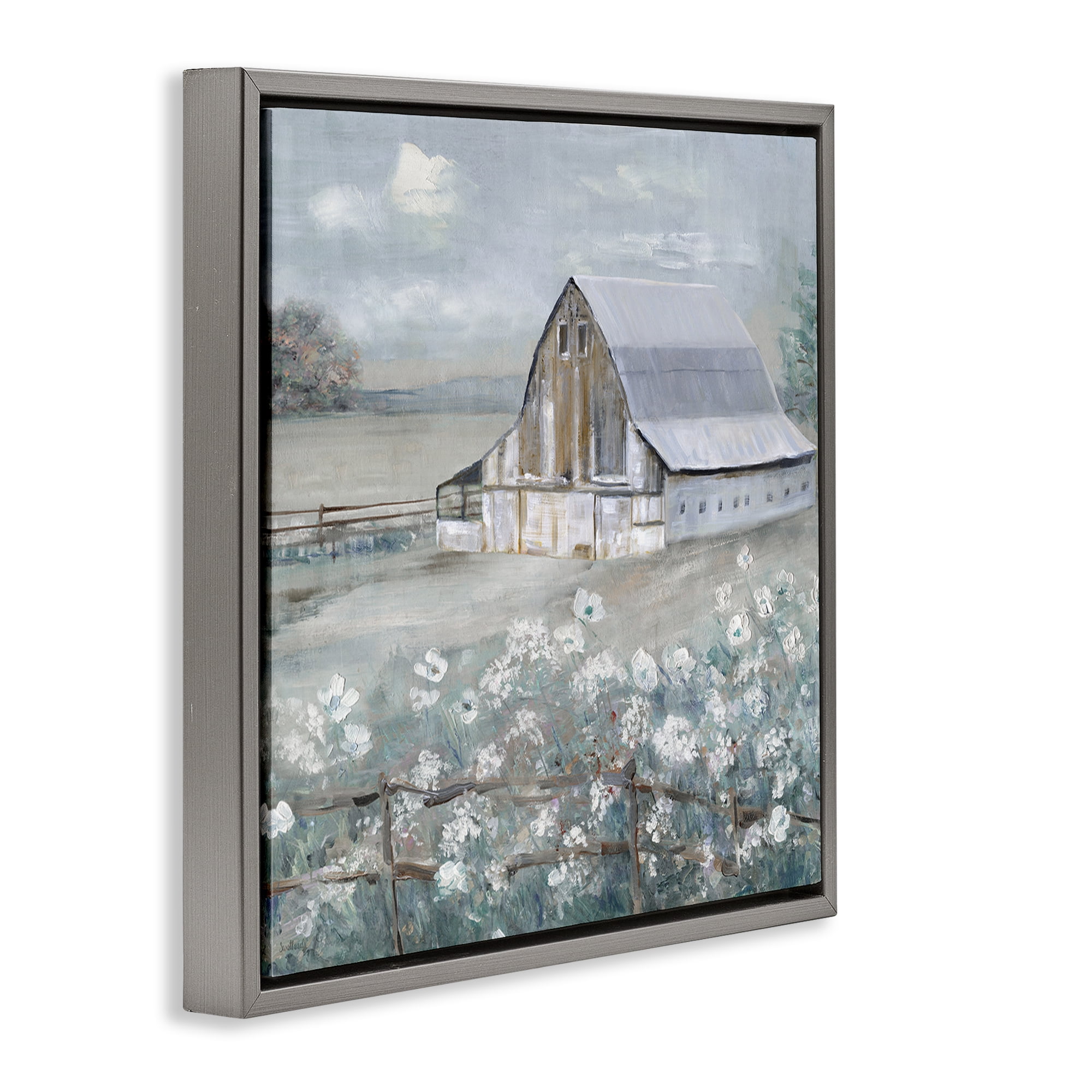 Stupell Industries Blooming Farmhouse Meadow Landscape & Nature Painting Gray Floater Framed Canvas Art Print Wall Art, 18 x 18