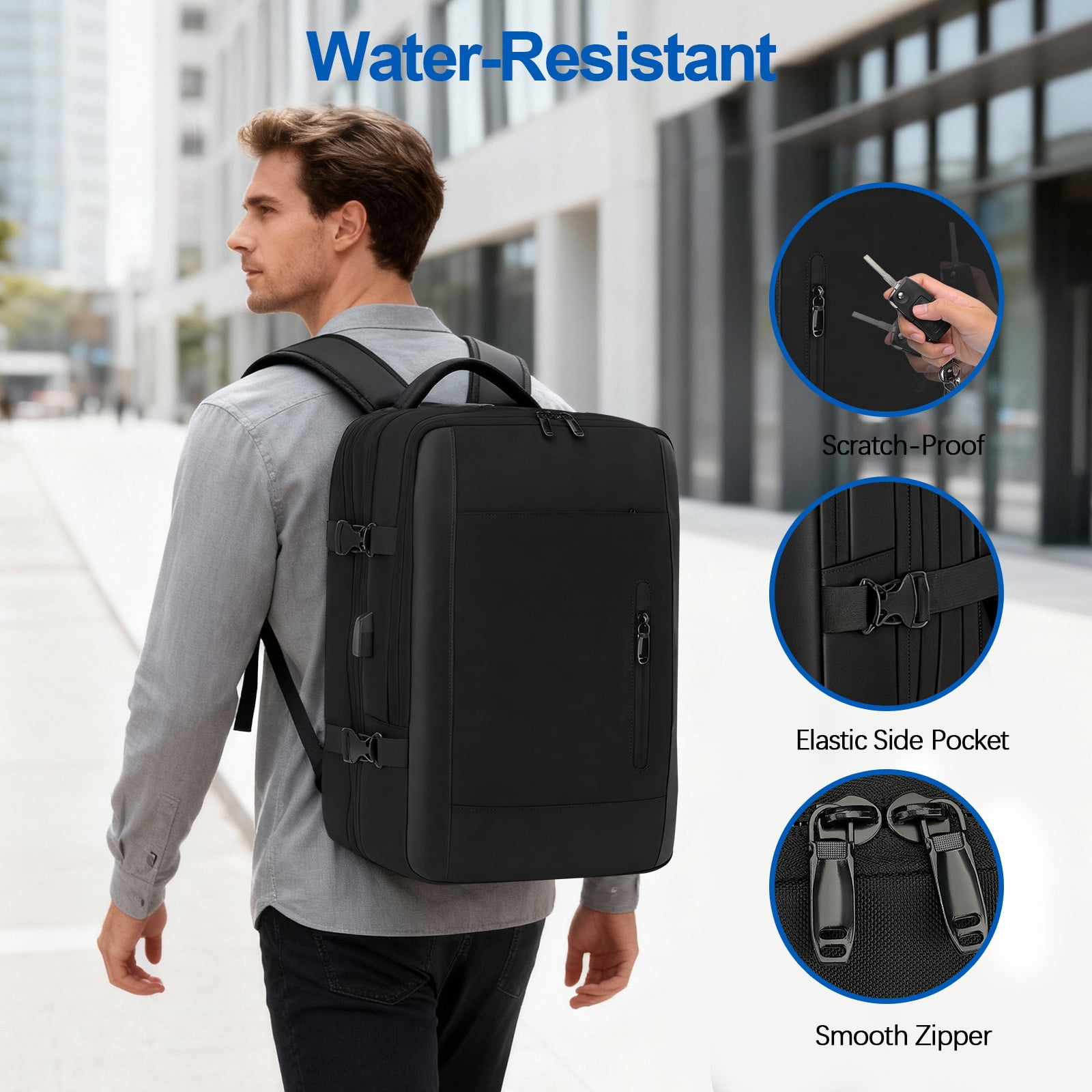 Fenbeli 45L Expandable Travel Laptop Backpack, Water-Resistant Business Backpack with USB Charging Port