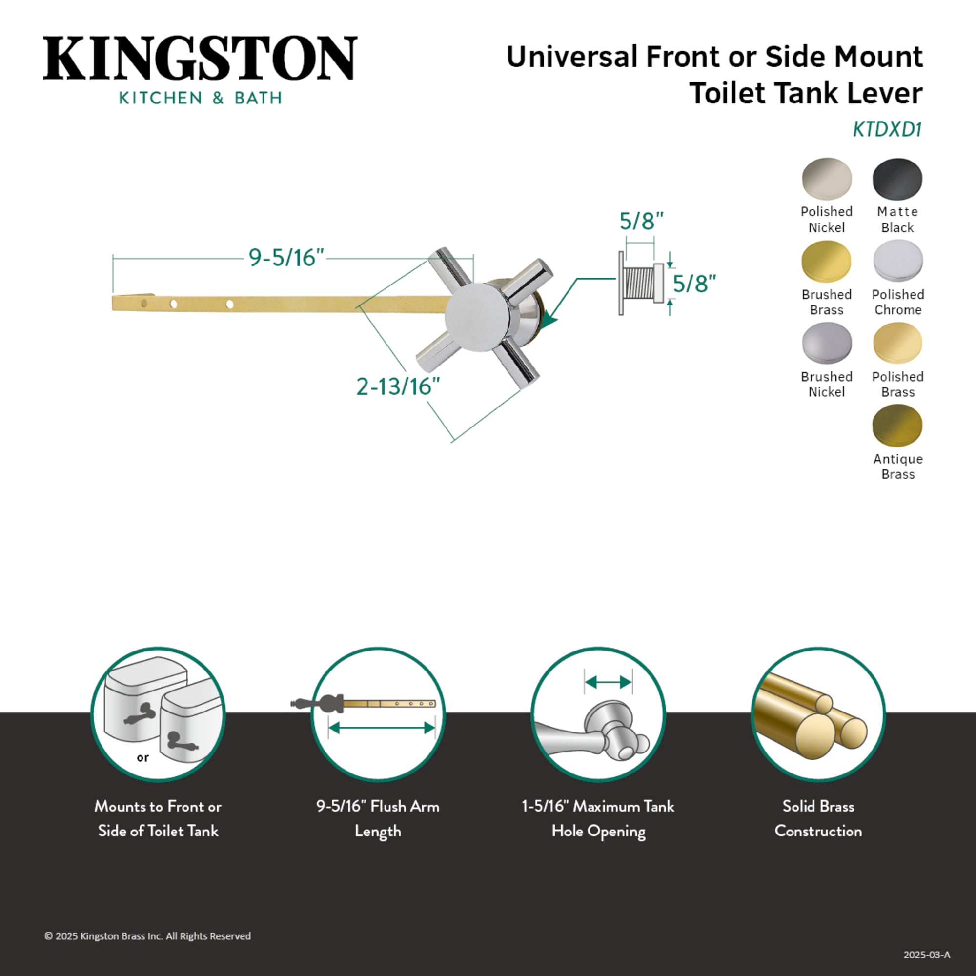 Kingston Brass KTDXD8 Concord Universal Front or Side Mount Toilet Tank Lever in Brushed Nickel