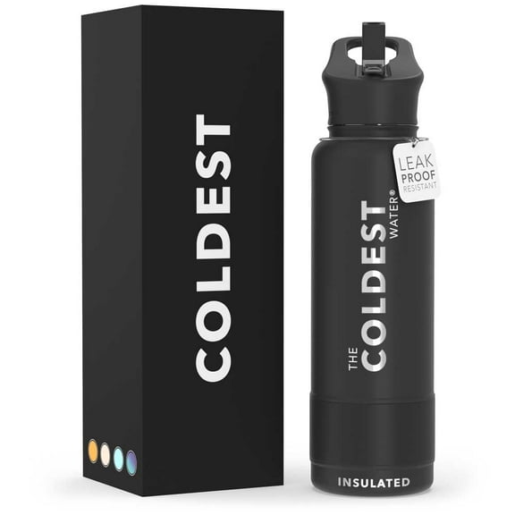 Coldest Sports Water Bottle with Straw Lid Vacuum Insulated Stainless Steel Bottles Reusable Leak Proof Flask for Sports (40 oz, Stealth Black)