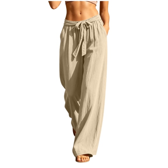 Yutgune Women Linen Palazzo Pants Drawstring High Waist Wide Leg Flowy Trousers With Pockets Summer Beach Pants